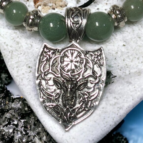 NEW Handmade Stag Deer Necklace with Green and Brown Gemstone Beads. - Picture 6 of 7